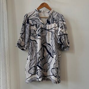 Elegant Navy and White Leaf Print Dress